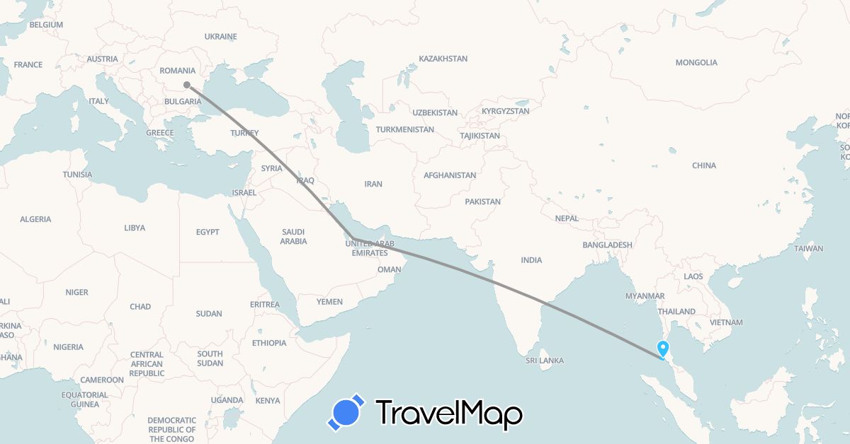 TravelMap itinerary: driving, plane, boat in Qatar, Romania, Thailand (Asia, Europe)